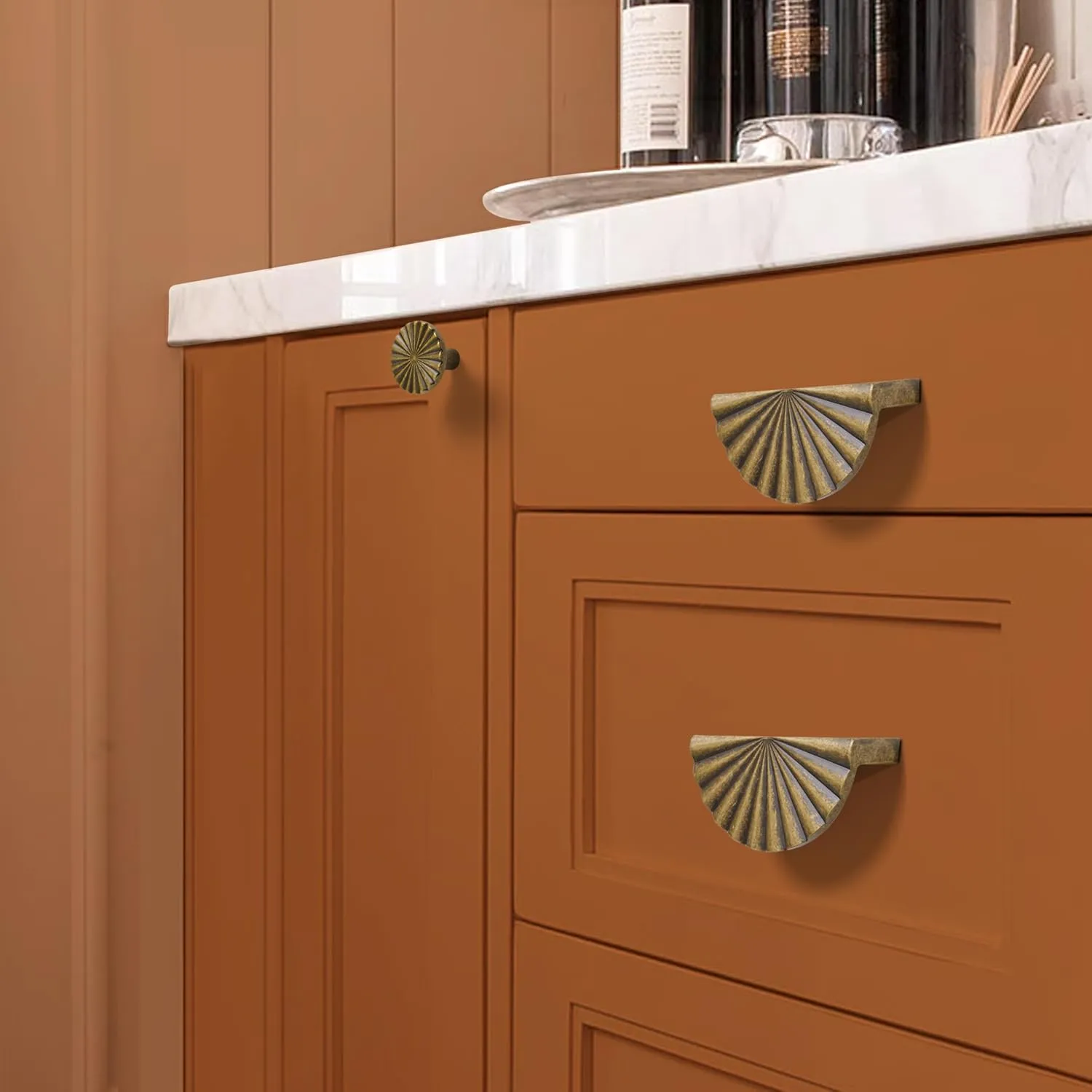 10 Pack 3 Inch (76mm) Antique Brass Cabinet Pulls Cup Flat Drawer Handles Kitchen Cupboard Pull Bathroom Dresser Sunflower Handle Unique Hardware for Furniture Door Wardrobe Hardware TYH-AB-10