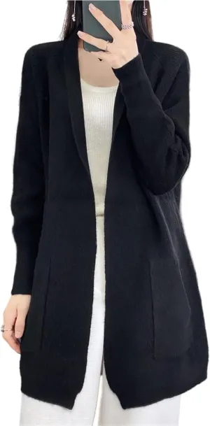 100% Merino Wool Knitted Sweater Cardigans Women's Thick Coat with Pockets Jacket Autumn Winter