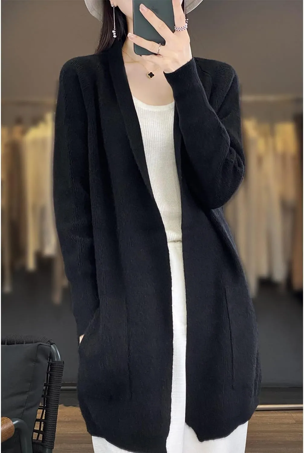 100% Merino Wool Knitted Sweater Cardigans Women's Thick Coat with Pockets Jacket Autumn Winter