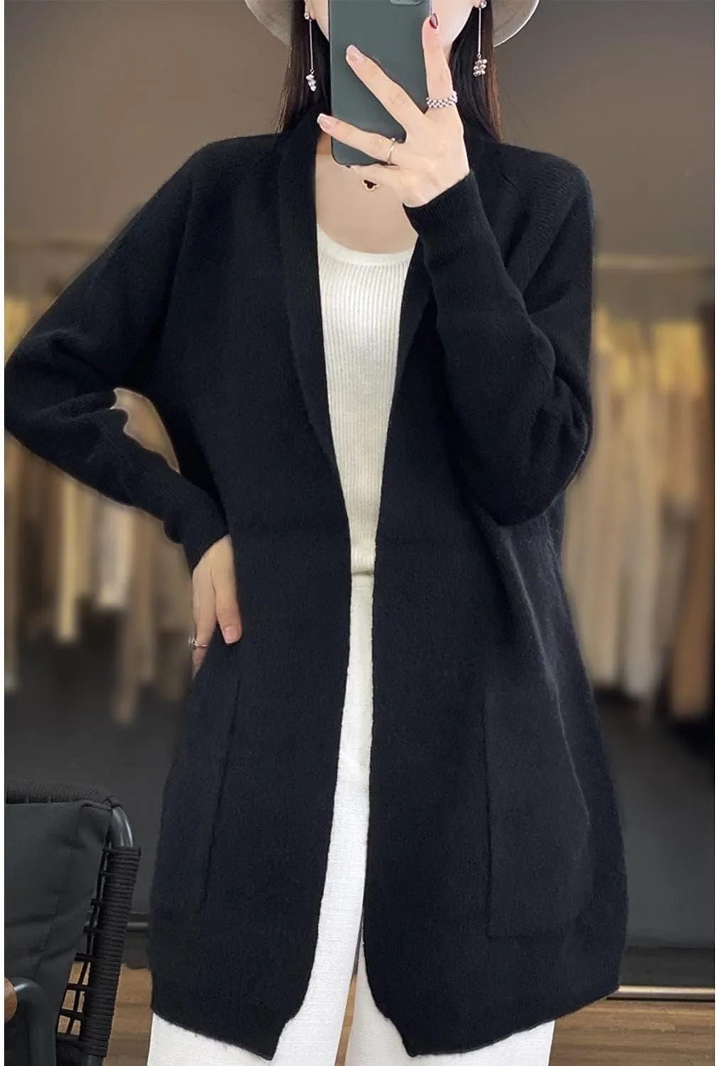 100% Merino Wool Knitted Sweater Cardigans Women's Thick Coat with Pockets Jacket Autumn Winter