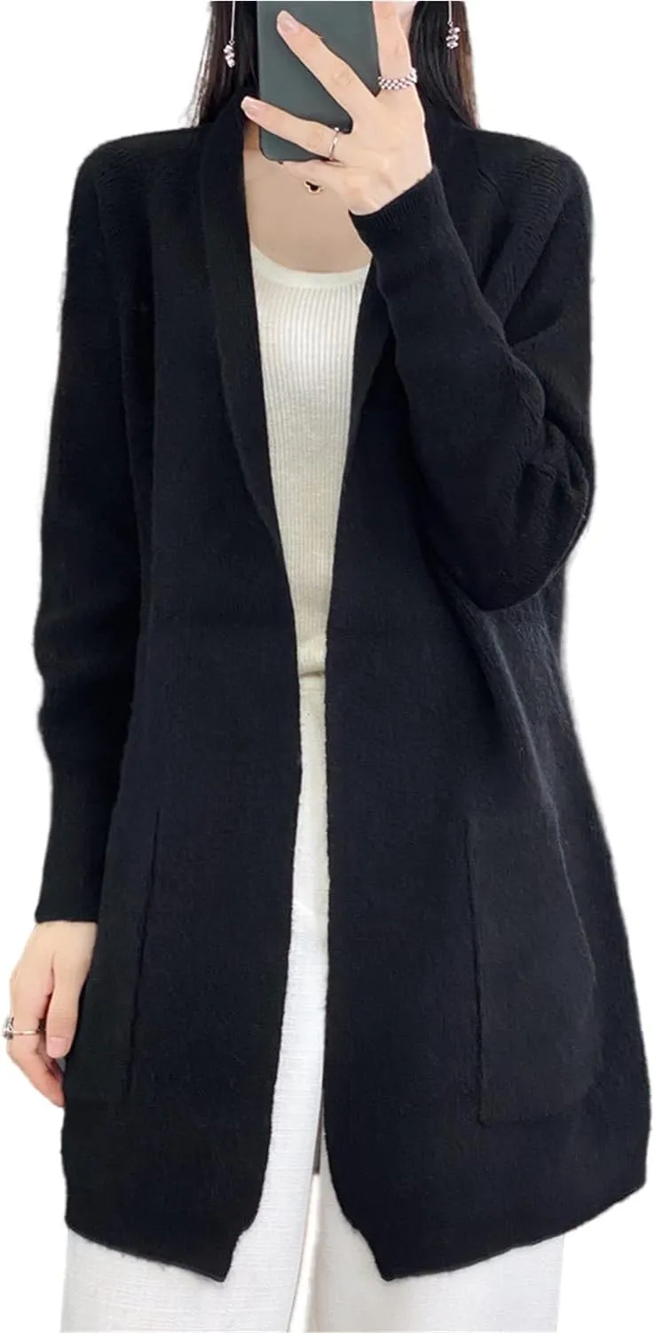 100% Merino Wool Knitted Sweater Cardigans Women's Thick Coat with Pockets Jacket Autumn Winter