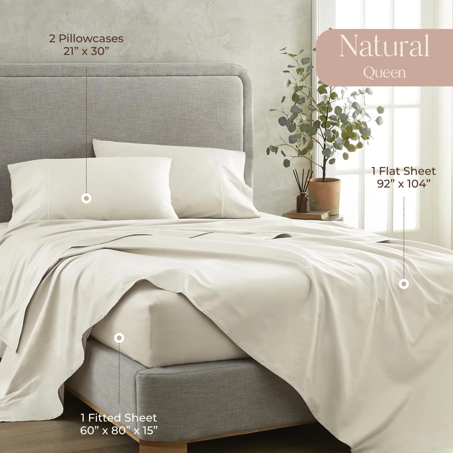 100% Organic Cotton Sheets Queen Size - GOTS Certified Organic Bed Sheets with Deep Pocket 500 Thread Count and Cozy Sateen Weave Gets Softer with Each Wash - Luxury 4 Piece Set (Natural, Queen)