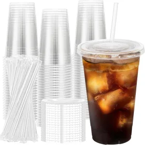 100 Pack 20 oz Plastic Clear Cups with Lids and Straws, Disposable Coffee Cups with Lids for Iced Coffee, Cold Drinks, Smoothie and Milkshake