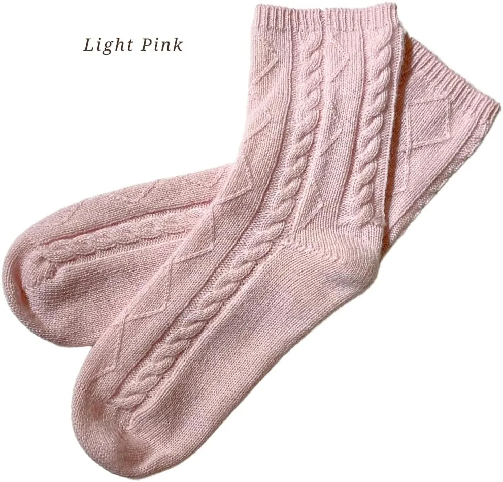 100% Pure Cashmere Women's Sleep Socks, 3-Ply Ultra Soft Cozy Cable Knit, Luxury Bed Socks for Warmth, Comfort, and Lounging