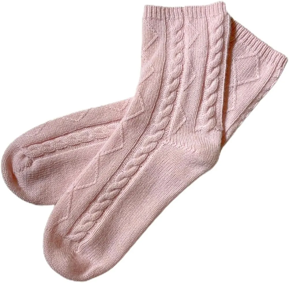 100% Pure Cashmere Women's Sleep Socks, 3-Ply Ultra Soft Cozy Cable Knit, Luxury Bed Socks for Warmth, Comfort, and Lounging