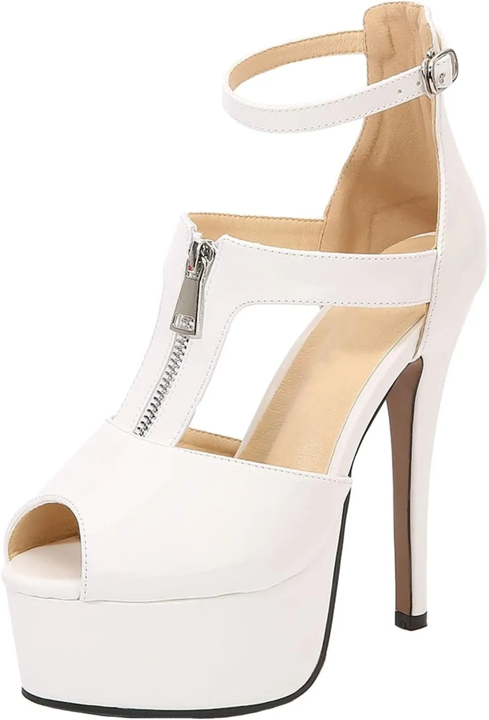 14CM/5.51IN Women Solid Color Temperament T-Strap Open-Toe Platform Buckle Strappy Sandals Court Shoes Ladies Sexy Pole Dancer Stripper Heel Stiletto Party Sandals