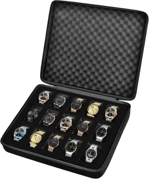 15 Slots Watch Box Organizer/Men Watch Display Storage Case Fits All Wristwatches and Smart Watches up to 42mm - Black