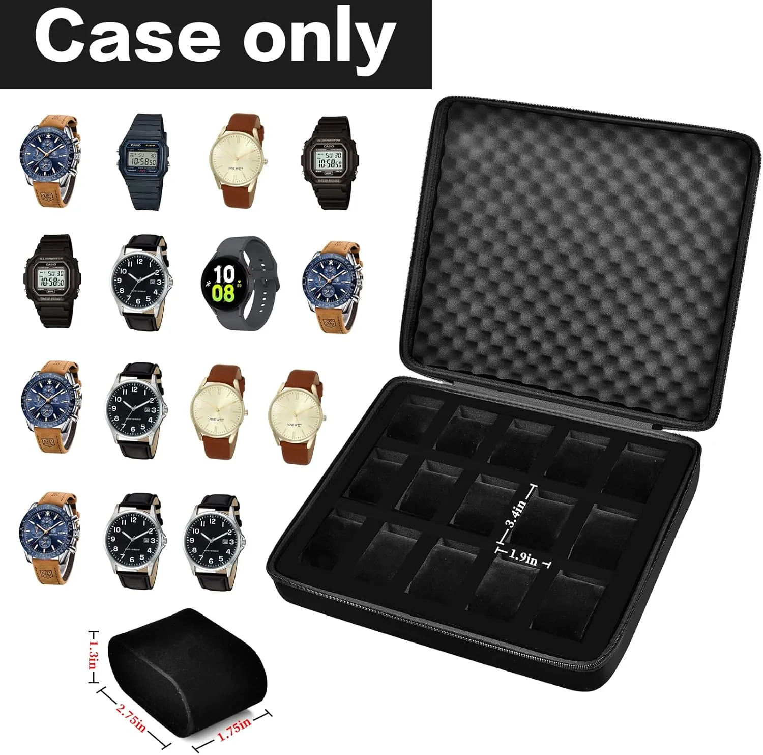 15 Slots Watch Box Organizer/Men Watch Display Storage Case Fits All Wristwatches and Smart Watches up to 42mm - Black