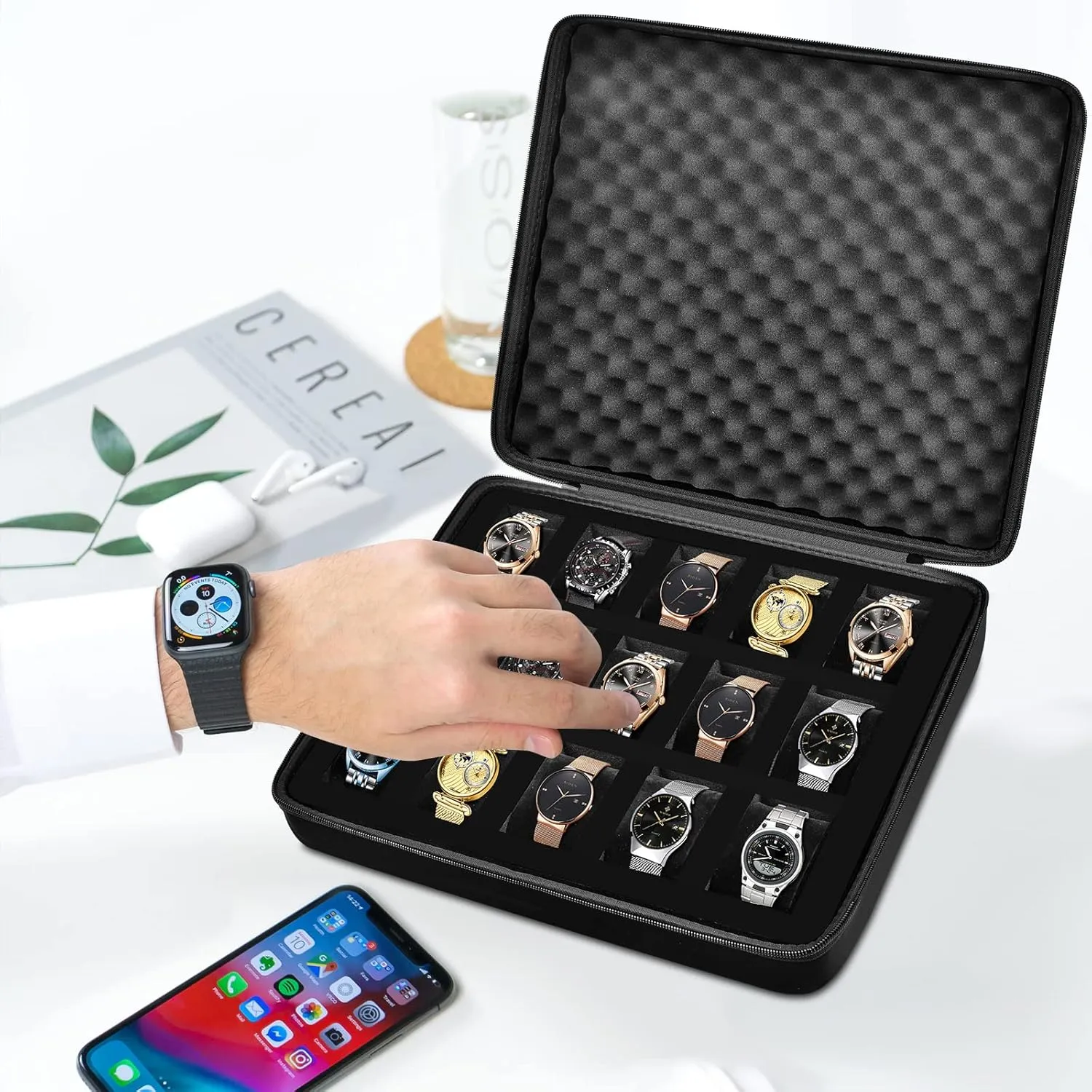 15 Slots Watch Box Organizer/Men Watch Display Storage Case Fits All Wristwatches and Smart Watches up to 42mm - Black