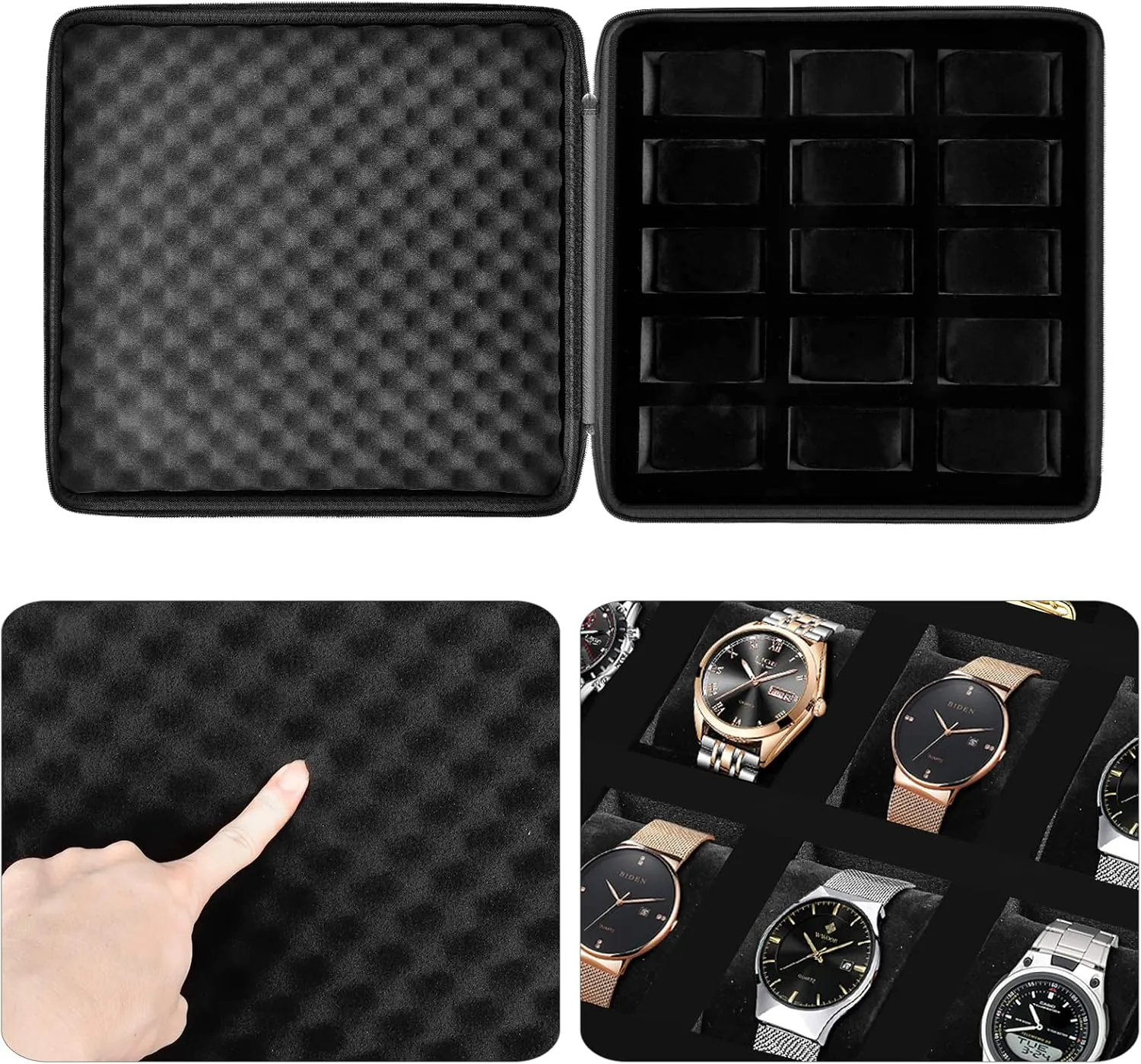 15 Slots Watch Box Organizer/Men Watch Display Storage Case Fits All Wristwatches and Smart Watches up to 42mm - Black