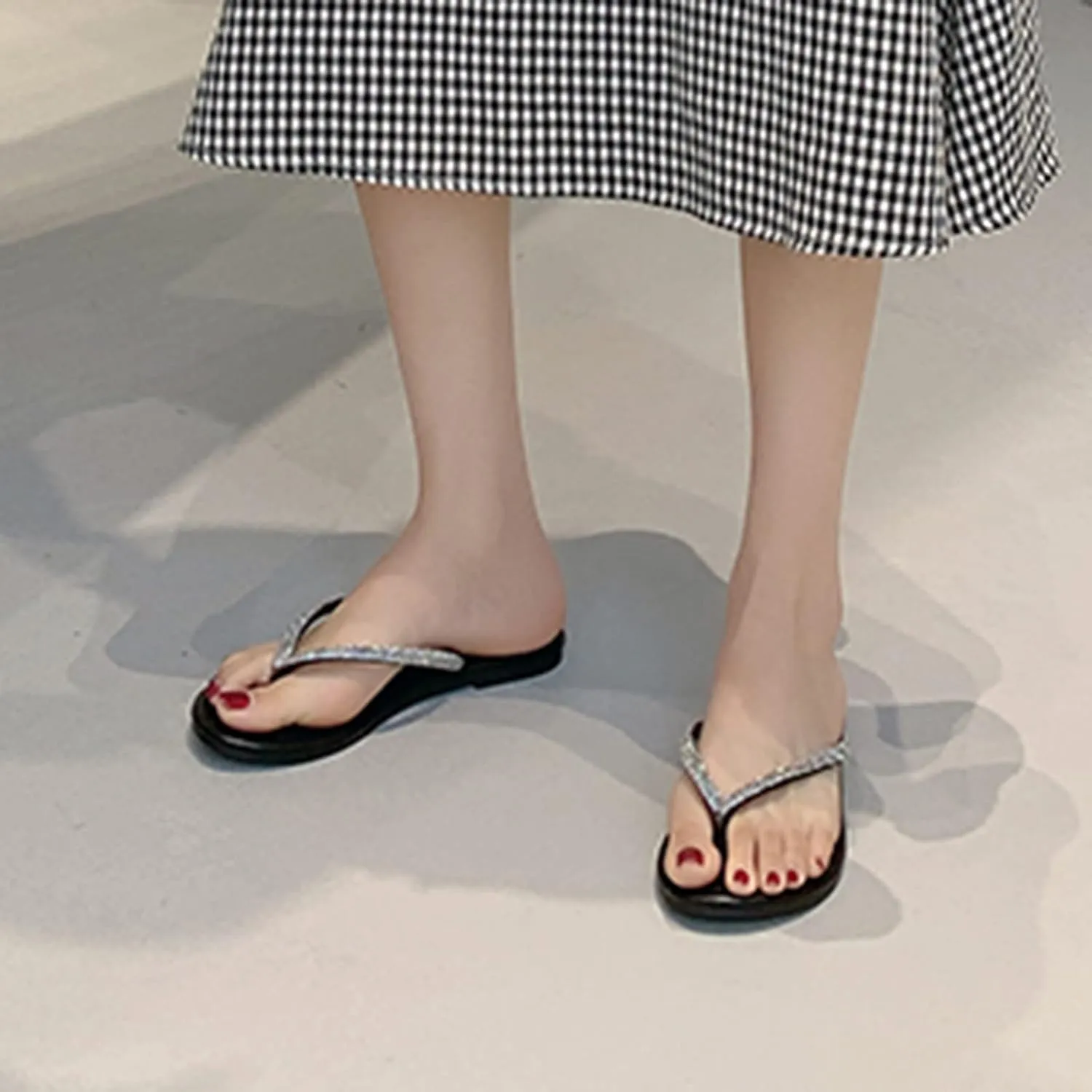 2025 Flip Flops Thong Sandals Women's Rhinestone Slippers Stylish Beach Resort Flat Sandal Slides Fashion Footwear