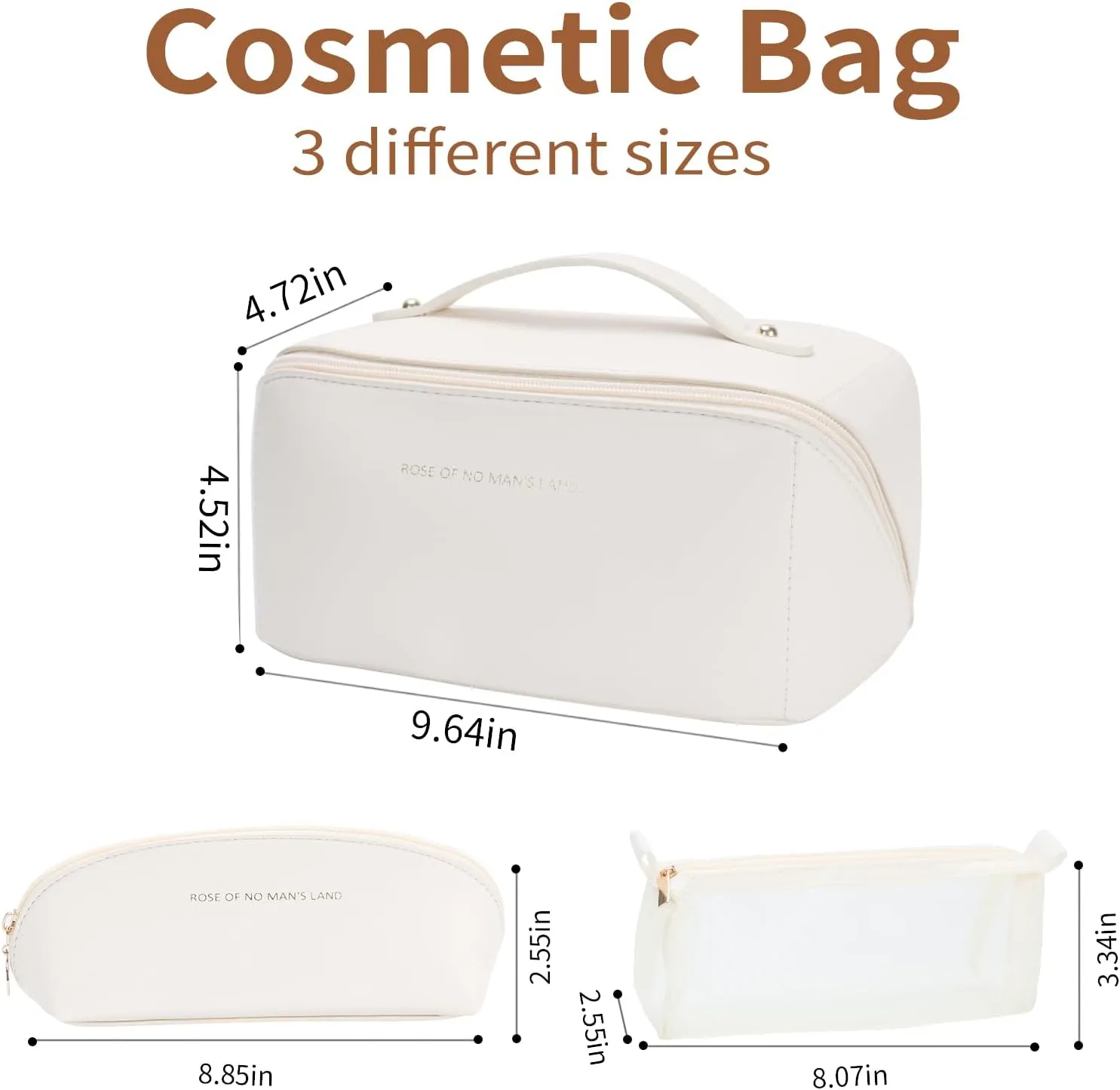 3 Pcs Travel Makeup Bag Portable Large Capacity Cosmetic Bags for Women Open Flat Makeup Case Organizer Bag Set of 3 Waterproof PU Leather Toiletry Bags with Divider and Handle (White, Medium)