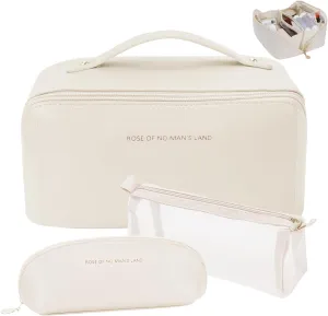 3 Pcs Travel Makeup Bag Portable Large Capacity Cosmetic Bags for Women Open Flat Makeup Case Organizer Bag Set of 3 Waterproof PU Leather Toiletry Bags with Divider and Handle (White, Medium)