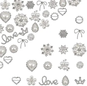 45Pcs Pearl Rhinestone Buttons, Rhinestone Decorative Embellishment Rhinestone Iron on Patch Silver Crystal Decorations for Bridal Shower Bags Shoes Clothes and Wedding DIY