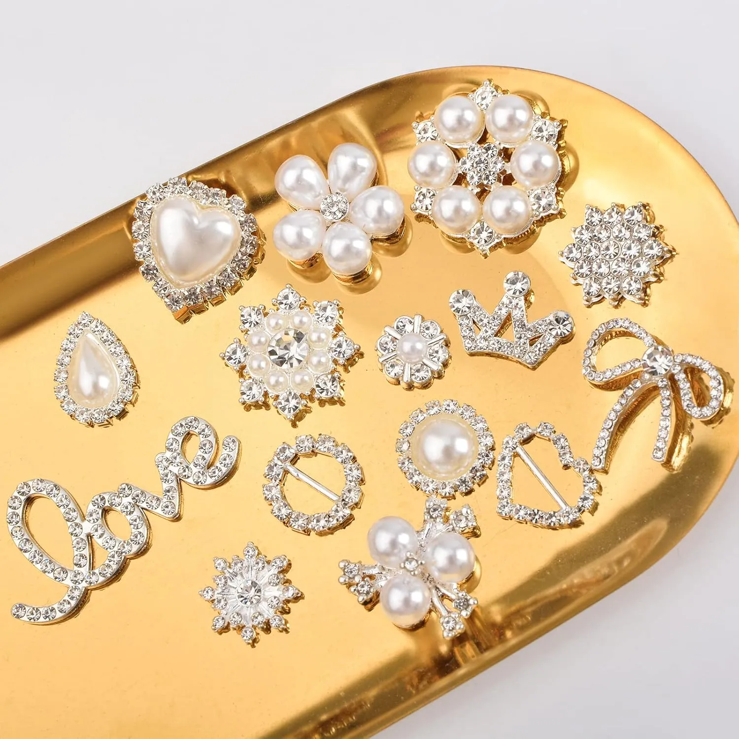 45Pcs Pearl Rhinestone Buttons, Rhinestone Decorative Embellishment Rhinestone Iron on Patch Silver Crystal Decorations for Bridal Shower Bags Shoes Clothes and Wedding DIY