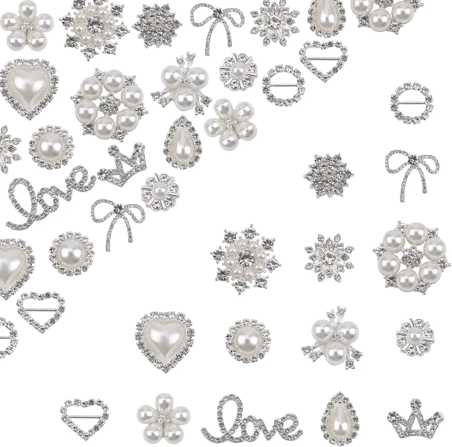 45Pcs Pearl Rhinestone Buttons, Rhinestone Decorative Embellishment Rhinestone Iron on Patch Silver Crystal Decorations for Bridal Shower Bags Shoes Clothes and Wedding DIY