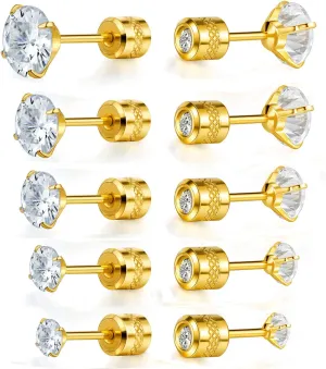 5 Pairs 316L Stainless Steel Screw Flat Back Earrings 2-6mm Cubic Zirconia Stud Earrings Titanium Earrings for Women Men