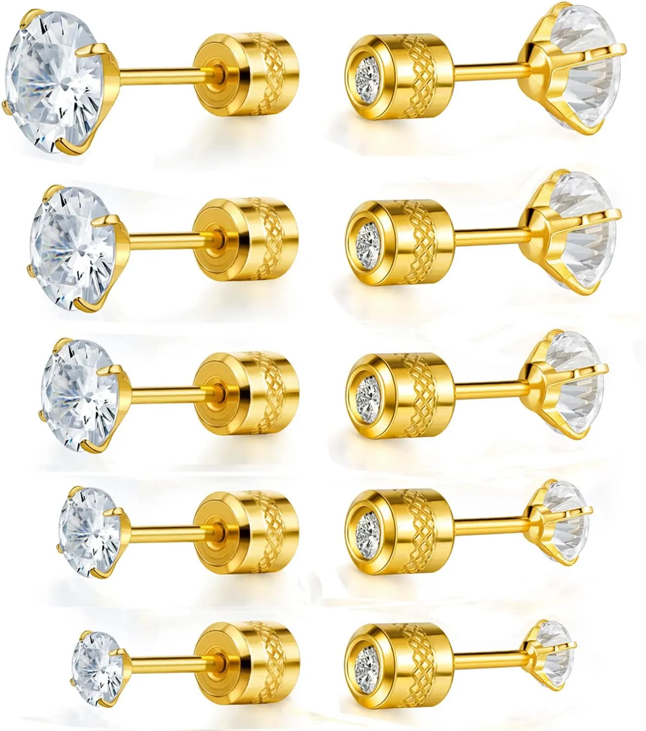 5 Pairs 316L Stainless Steel Screw Flat Back Earrings 2-6mm Cubic Zirconia Stud Earrings Titanium Earrings for Women Men