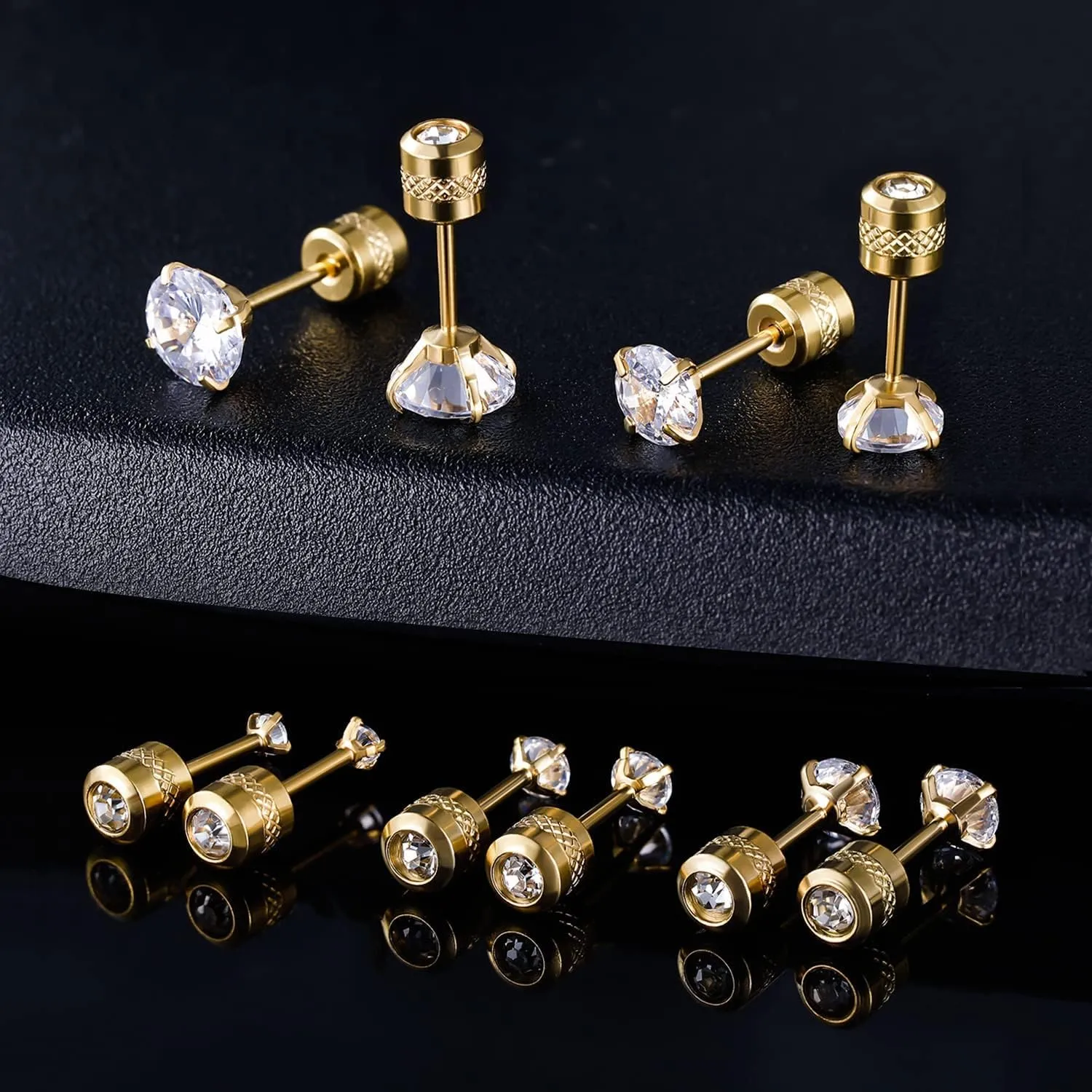 5 Pairs 316L Stainless Steel Screw Flat Back Earrings 2-6mm Cubic Zirconia Stud Earrings Titanium Earrings for Women Men