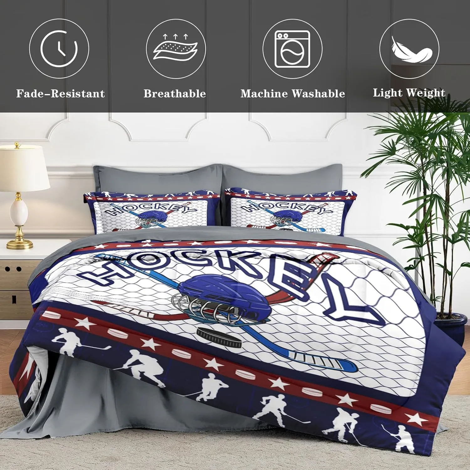 5 Pcs Twin Size Comforter Set with Pillowcase & Sham, Retro Winter Hockey Bedding for Kids and Adults, Snow Ice Game Bed in a Bag with Flat Fitted Sheet