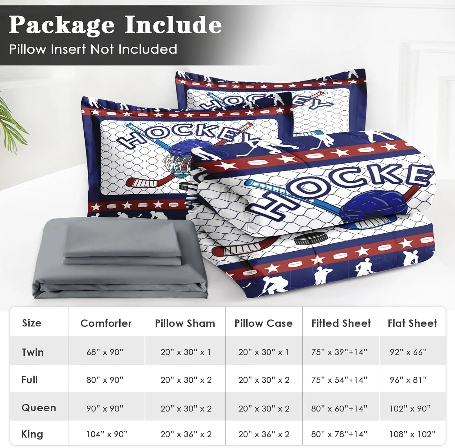 5 Pcs Twin Size Comforter Set with Pillowcase & Sham, Retro Winter Hockey Bedding for Kids and Adults, Snow Ice Game Bed in a Bag with Flat Fitted Sheet