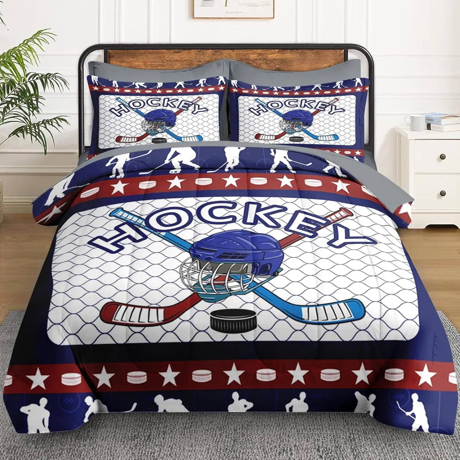 5 Pcs Twin Size Comforter Set with Pillowcase & Sham, Retro Winter Hockey Bedding for Kids and Adults, Snow Ice Game Bed in a Bag with Flat Fitted Sheet