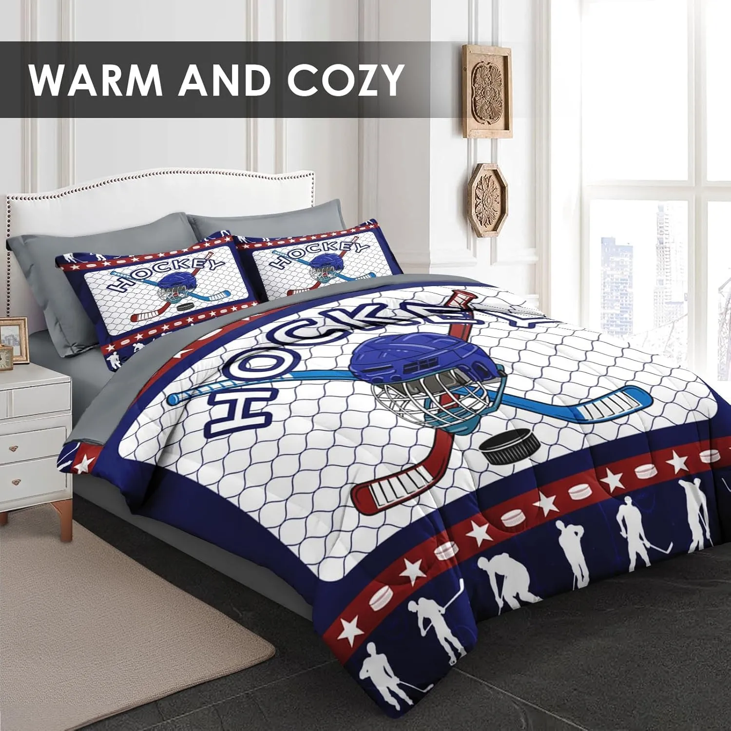 5 Pcs Twin Size Comforter Set with Pillowcase & Sham, Retro Winter Hockey Bedding for Kids and Adults, Snow Ice Game Bed in a Bag with Flat Fitted Sheet