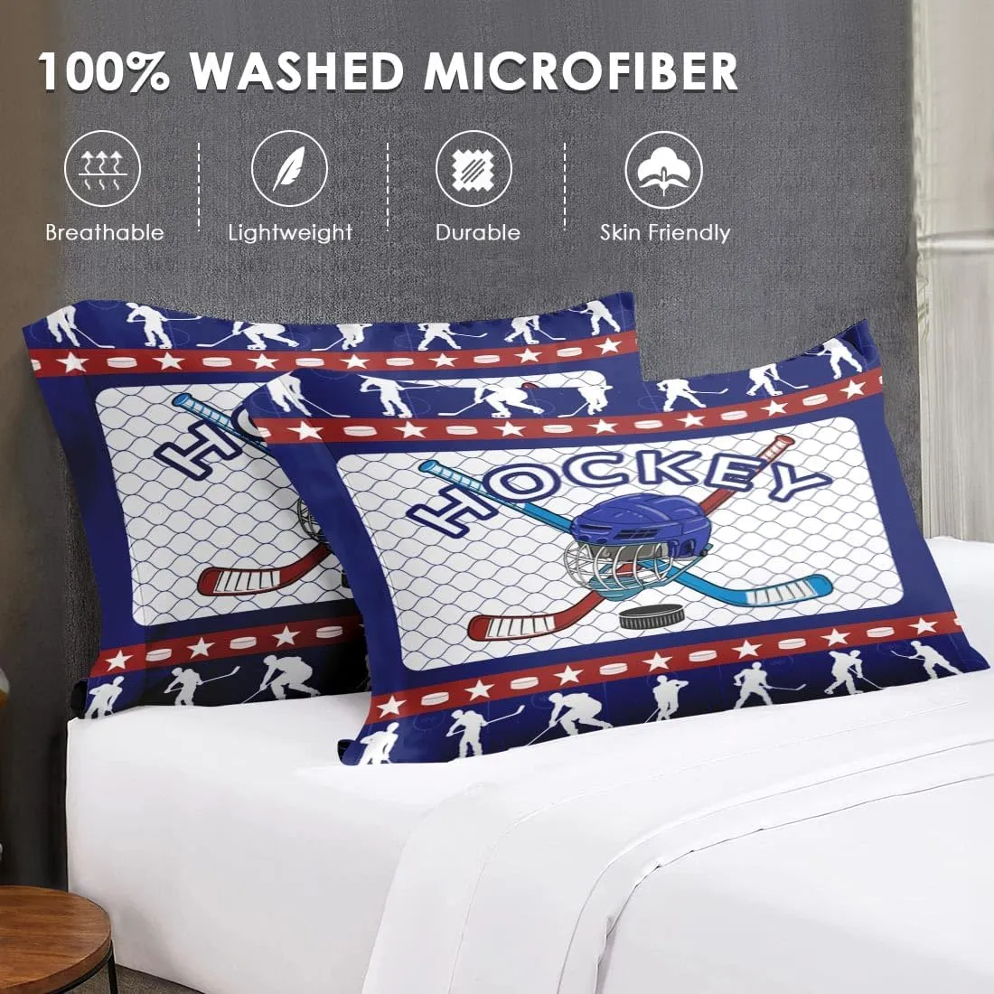 5 Pcs Twin Size Comforter Set with Pillowcase & Sham, Retro Winter Hockey Bedding for Kids and Adults, Snow Ice Game Bed in a Bag with Flat Fitted Sheet