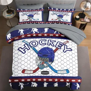 5 Pcs Twin Size Comforter Set with Pillowcase & Sham, Retro Winter Hockey Bedding for Kids and Adults, Snow Ice Game Bed in a Bag with Flat Fitted Sheet