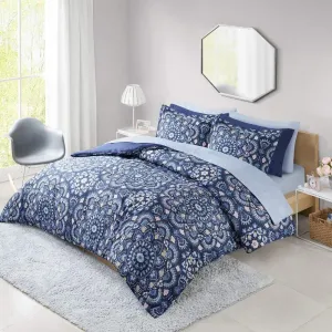 6 Piece Bohemian Style Navy Blue Floral Comforter Set Twin Size Bed in a Bag | Beautiful Medallion Floral Design Rich Hues Adorns Shabby Chic Boho Bedding, Lightweight Soft Comfortable Cozy Microfiber