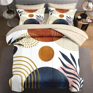7 Pcs King Size Comforter Set with 2 Pillowcases & 2 Shams, Gold Golden Yellow Mid Century Bedding for Kids and Adults, Boho Geometric Leaf Bed in a Bag with Flat Fitted Sheet