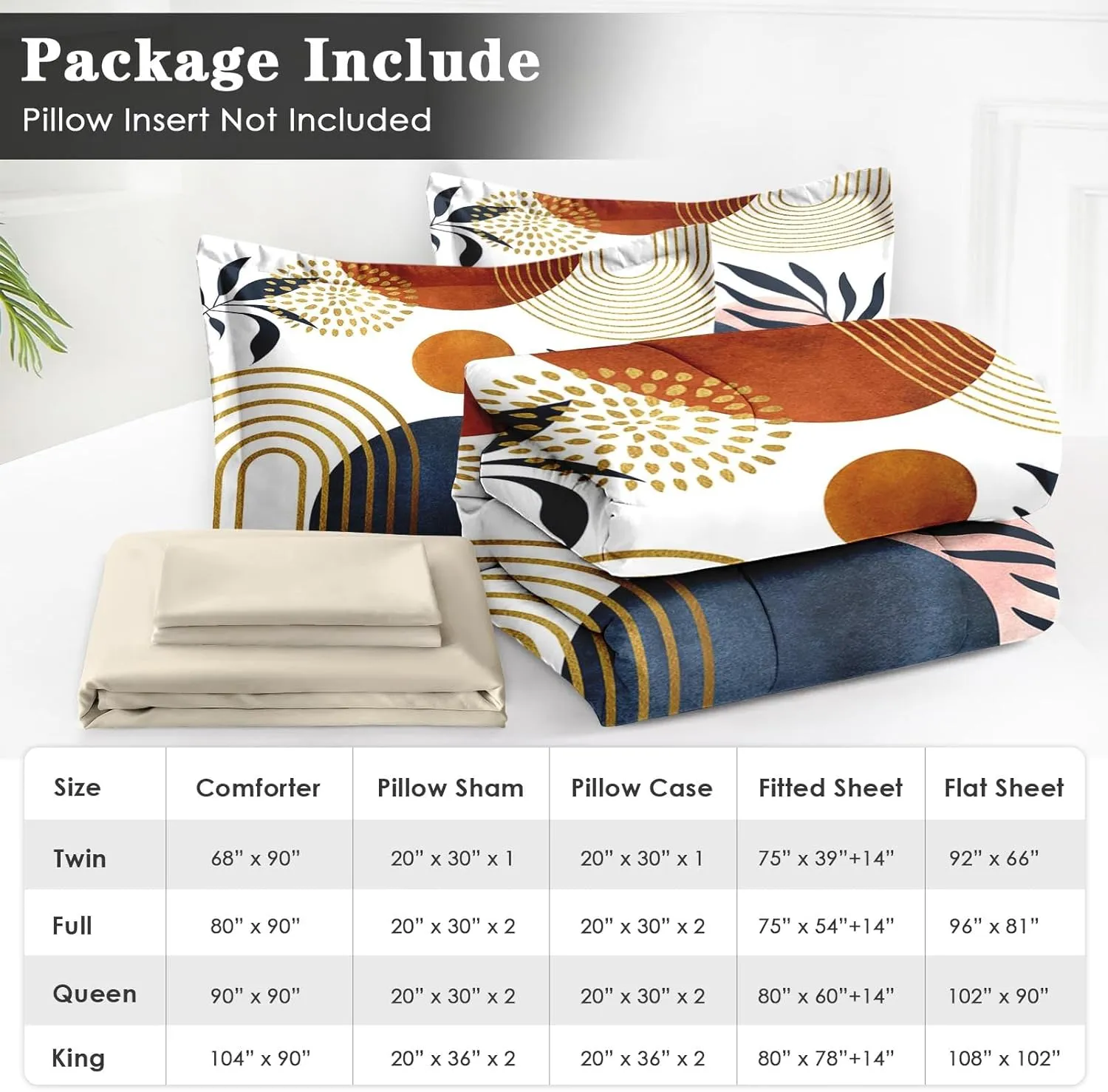 7 Pcs King Size Comforter Set with 2 Pillowcases & 2 Shams, Gold Golden Yellow Mid Century Bedding for Kids and Adults, Boho Geometric Leaf Bed in a Bag with Flat Fitted Sheet