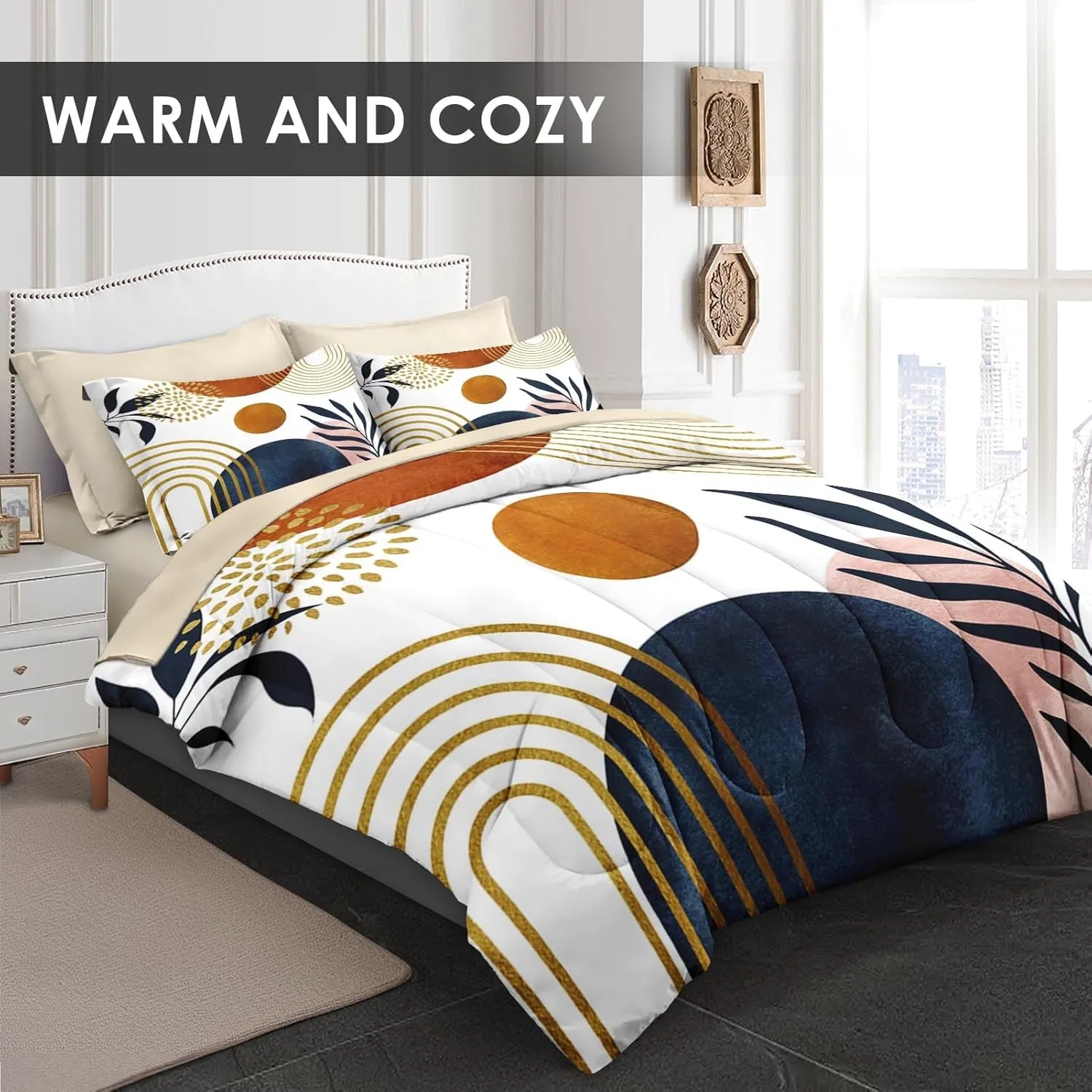 7 Pcs King Size Comforter Set with 2 Pillowcases & 2 Shams, Gold Golden Yellow Mid Century Bedding for Kids and Adults, Boho Geometric Leaf Bed in a Bag with Flat Fitted Sheet