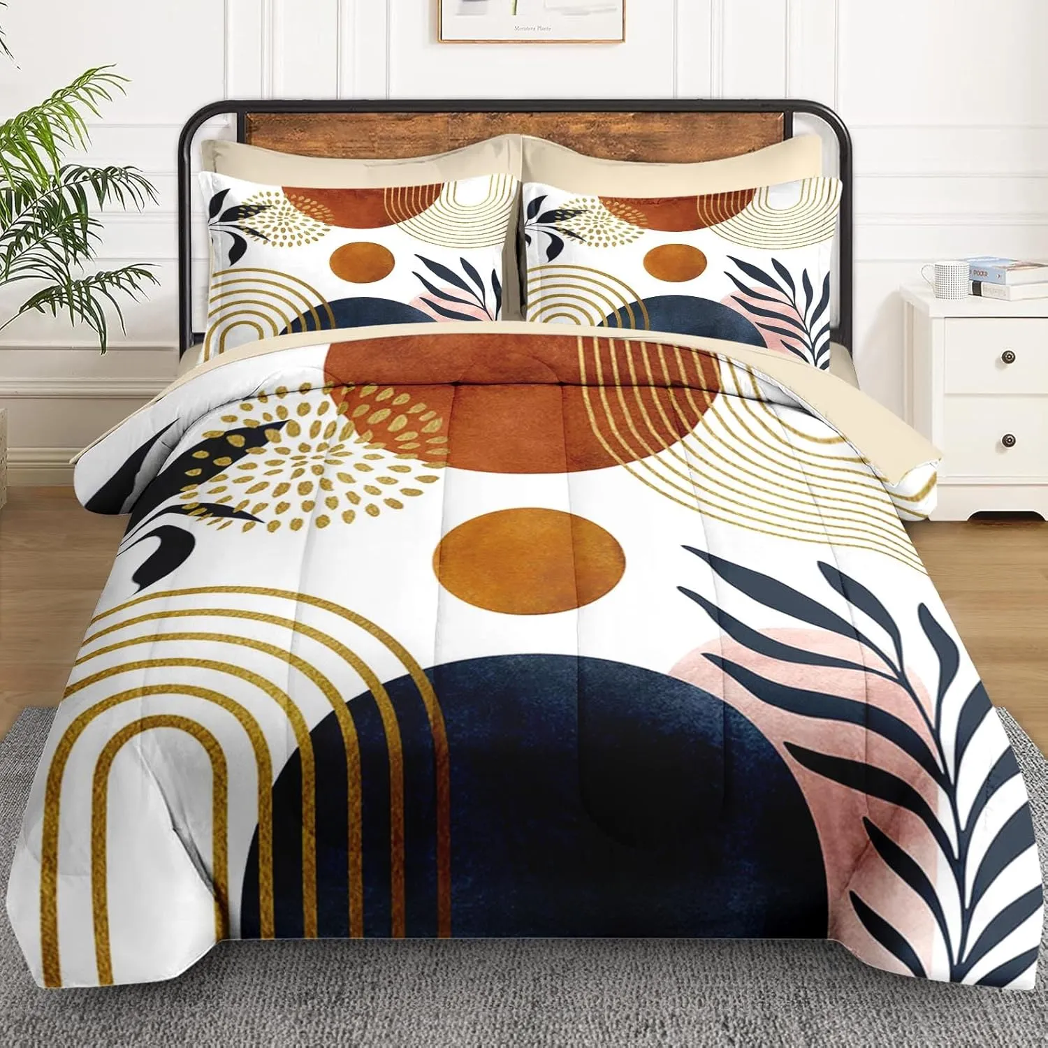 7 Pcs King Size Comforter Set with 2 Pillowcases & 2 Shams, Gold Golden Yellow Mid Century Bedding for Kids and Adults, Boho Geometric Leaf Bed in a Bag with Flat Fitted Sheet