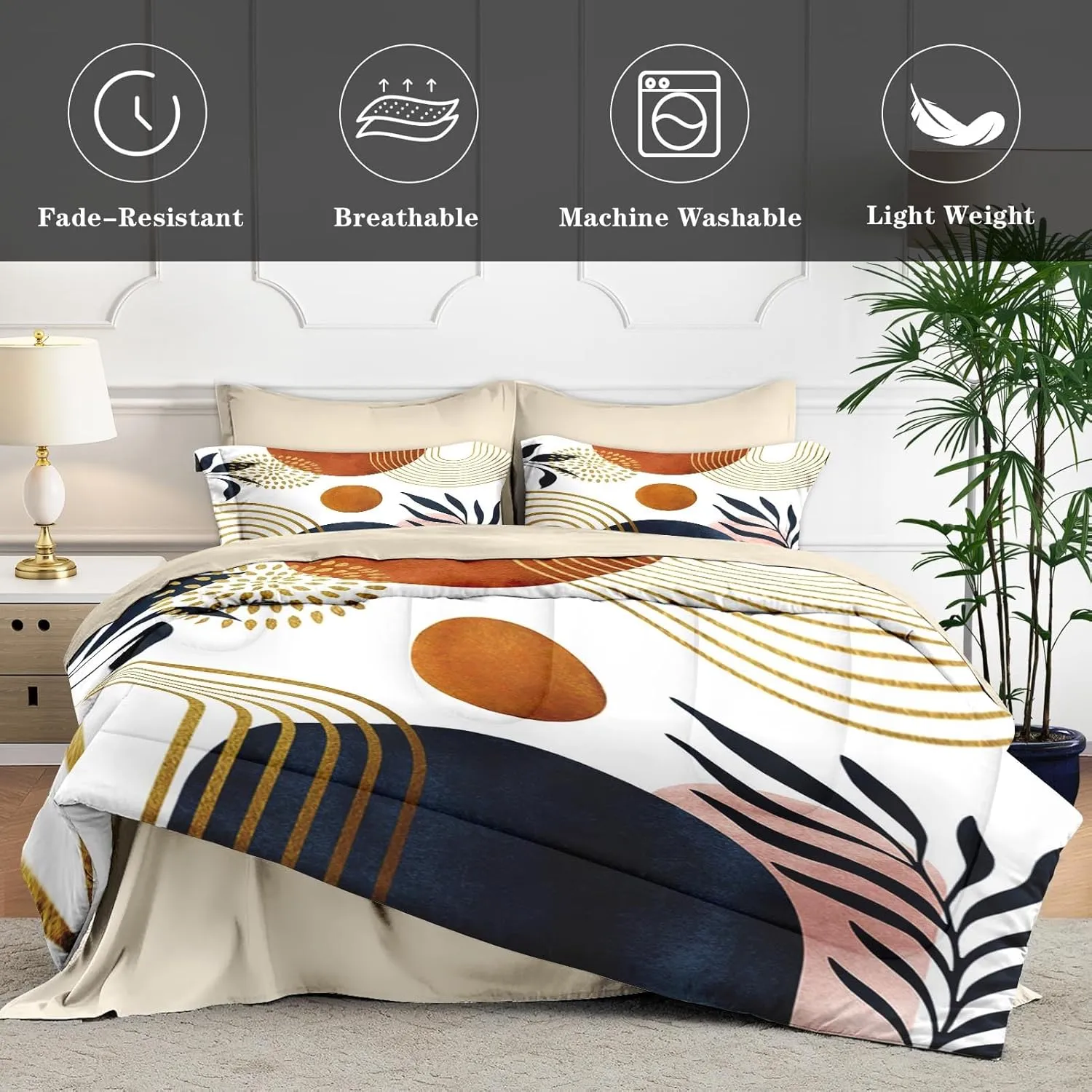 7 Pcs King Size Comforter Set with 2 Pillowcases & 2 Shams, Gold Golden Yellow Mid Century Bedding for Kids and Adults, Boho Geometric Leaf Bed in a Bag with Flat Fitted Sheet