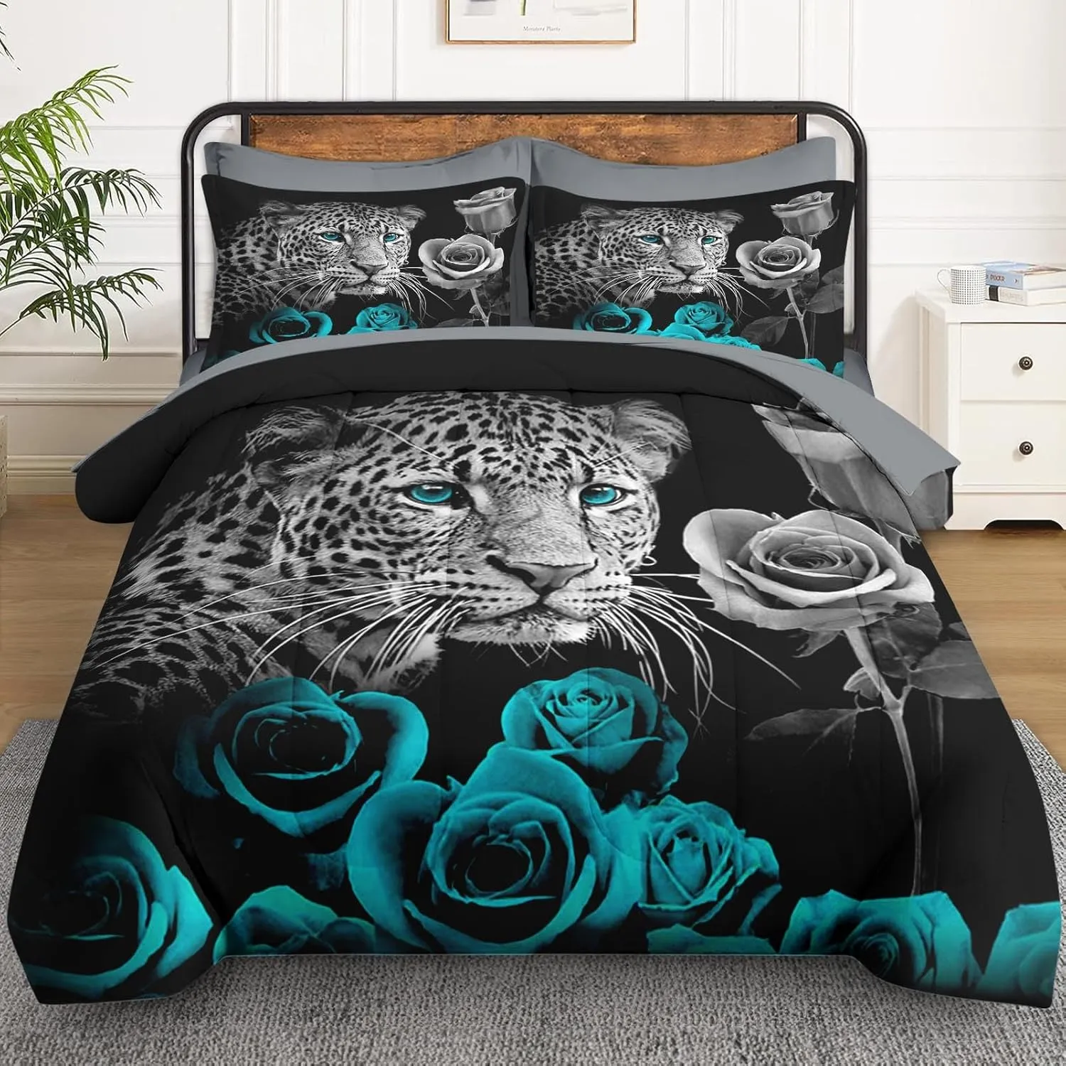 7 Pcs King Size Comforter Set with 2 Pillowcases & 2 Shams, Snow Leopard Cat Bedding for Kids and Adults, Animal Cyan Rose Bed in a Bag with Flat Fitted Sheet