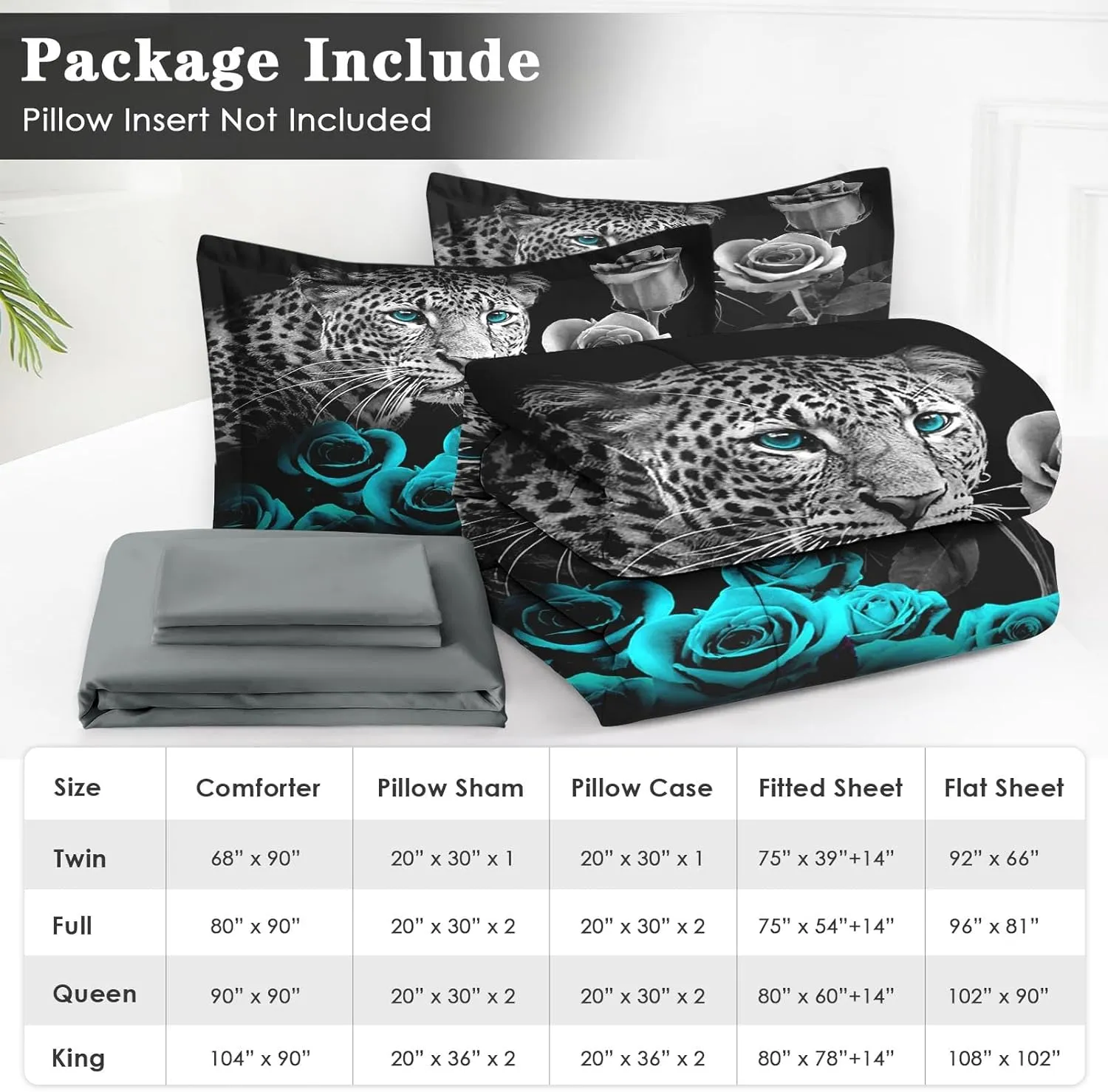 7 Pcs King Size Comforter Set with 2 Pillowcases & 2 Shams, Snow Leopard Cat Bedding for Kids and Adults, Animal Cyan Rose Bed in a Bag with Flat Fitted Sheet