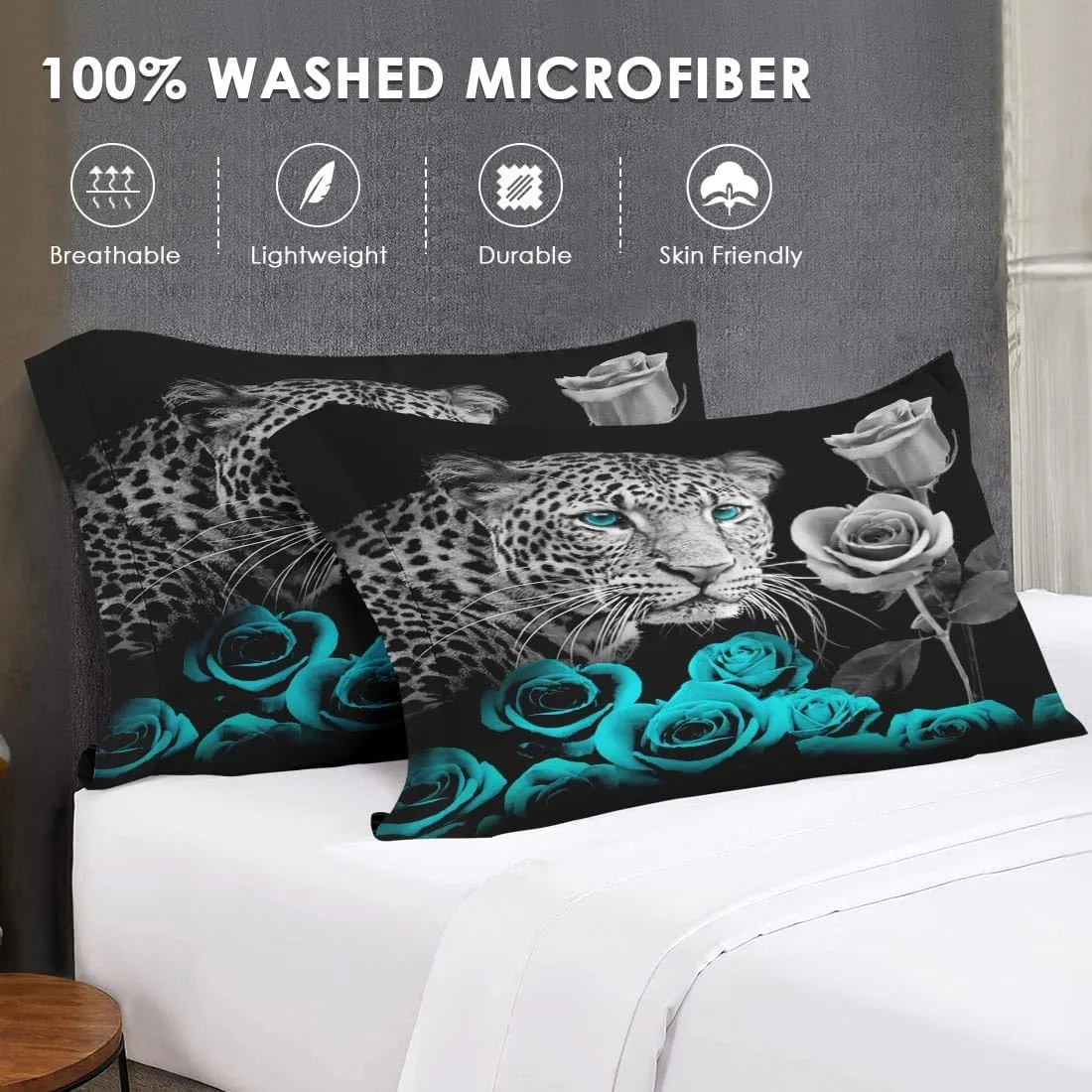 7 Pcs King Size Comforter Set with 2 Pillowcases & 2 Shams, Snow Leopard Cat Bedding for Kids and Adults, Animal Cyan Rose Bed in a Bag with Flat Fitted Sheet