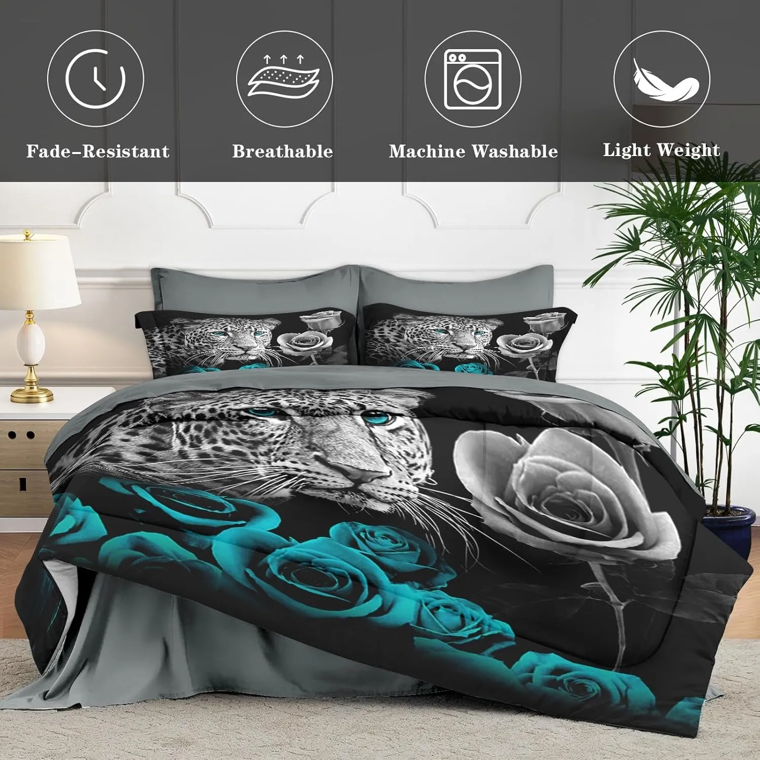 7 Pcs King Size Comforter Set with 2 Pillowcases & 2 Shams, Snow Leopard Cat Bedding for Kids and Adults, Animal Cyan Rose Bed in a Bag with Flat Fitted Sheet