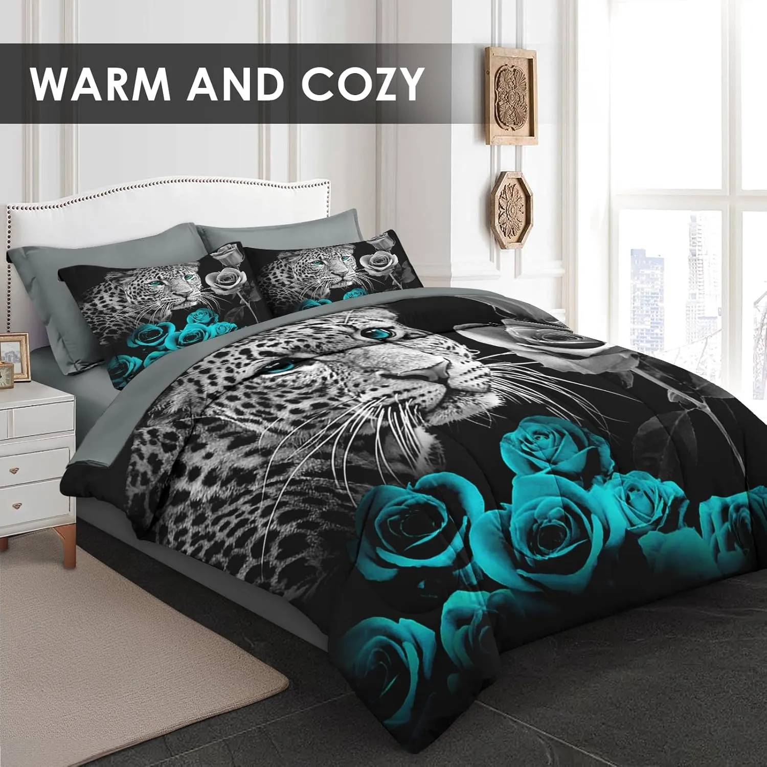 7 Pcs King Size Comforter Set with 2 Pillowcases & 2 Shams, Snow Leopard Cat Bedding for Kids and Adults, Animal Cyan Rose Bed in a Bag with Flat Fitted Sheet