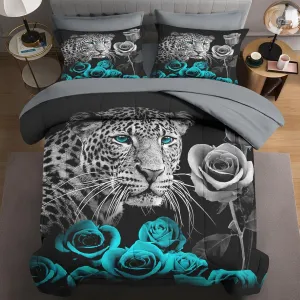 7 Pcs King Size Comforter Set with 2 Pillowcases & 2 Shams, Snow Leopard Cat Bedding for Kids and Adults, Animal Cyan Rose Bed in a Bag with Flat Fitted Sheet