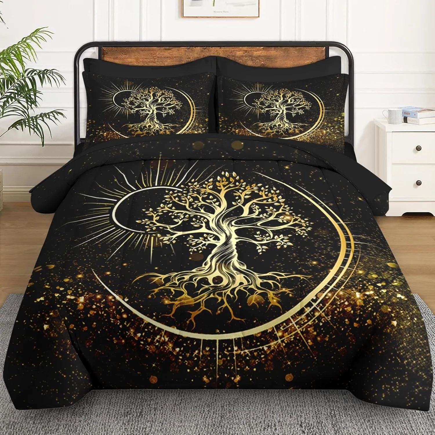 7 Pcs Queen Size Comforter Set with 2 Pillowcases & 2 Shams, Black Sun and Moon Bedding for Kids and Adults, Nature Tree of Life Bed in a Bag with Flat Fitted Sheet