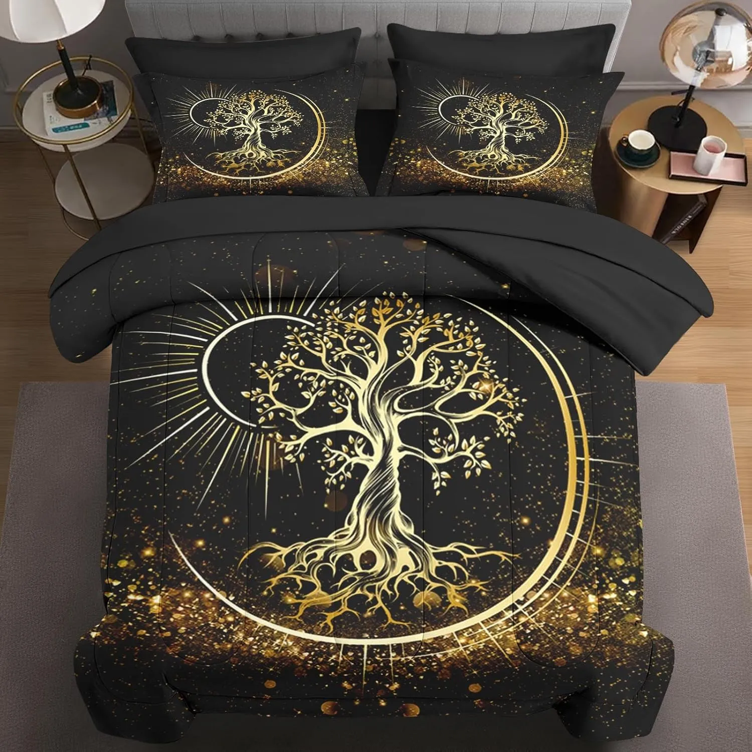 7 Pcs Queen Size Comforter Set with 2 Pillowcases & 2 Shams, Black Sun and Moon Bedding for Kids and Adults, Nature Tree of Life Bed in a Bag with Flat Fitted Sheet