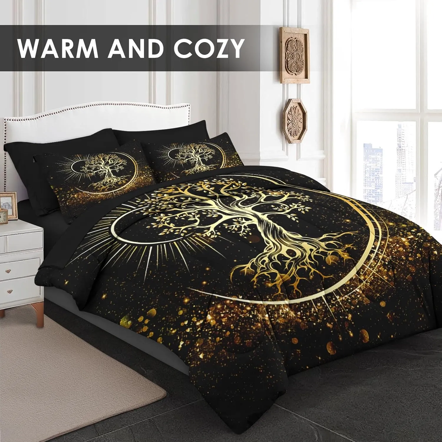 7 Pcs Queen Size Comforter Set with 2 Pillowcases & 2 Shams, Black Sun and Moon Bedding for Kids and Adults, Nature Tree of Life Bed in a Bag with Flat Fitted Sheet
