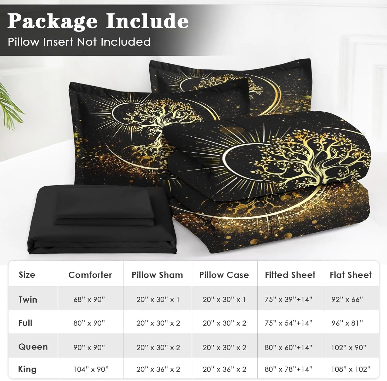 7 Pcs Queen Size Comforter Set with 2 Pillowcases & 2 Shams, Black Sun and Moon Bedding for Kids and Adults, Nature Tree of Life Bed in a Bag with Flat Fitted Sheet