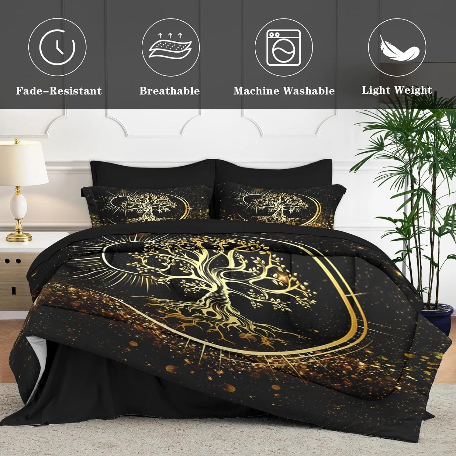 7 Pcs Queen Size Comforter Set with 2 Pillowcases & 2 Shams, Black Sun and Moon Bedding for Kids and Adults, Nature Tree of Life Bed in a Bag with Flat Fitted Sheet