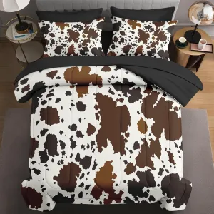 7 Pcs Queen Size Comforter Set with 2 Pillowcases & 2 Shams, Brown Cow Cowhide Print Bedding for Kids and Adults, Vintage Western Farmhouse Bed in a Bag with Flat Fitted Sheet