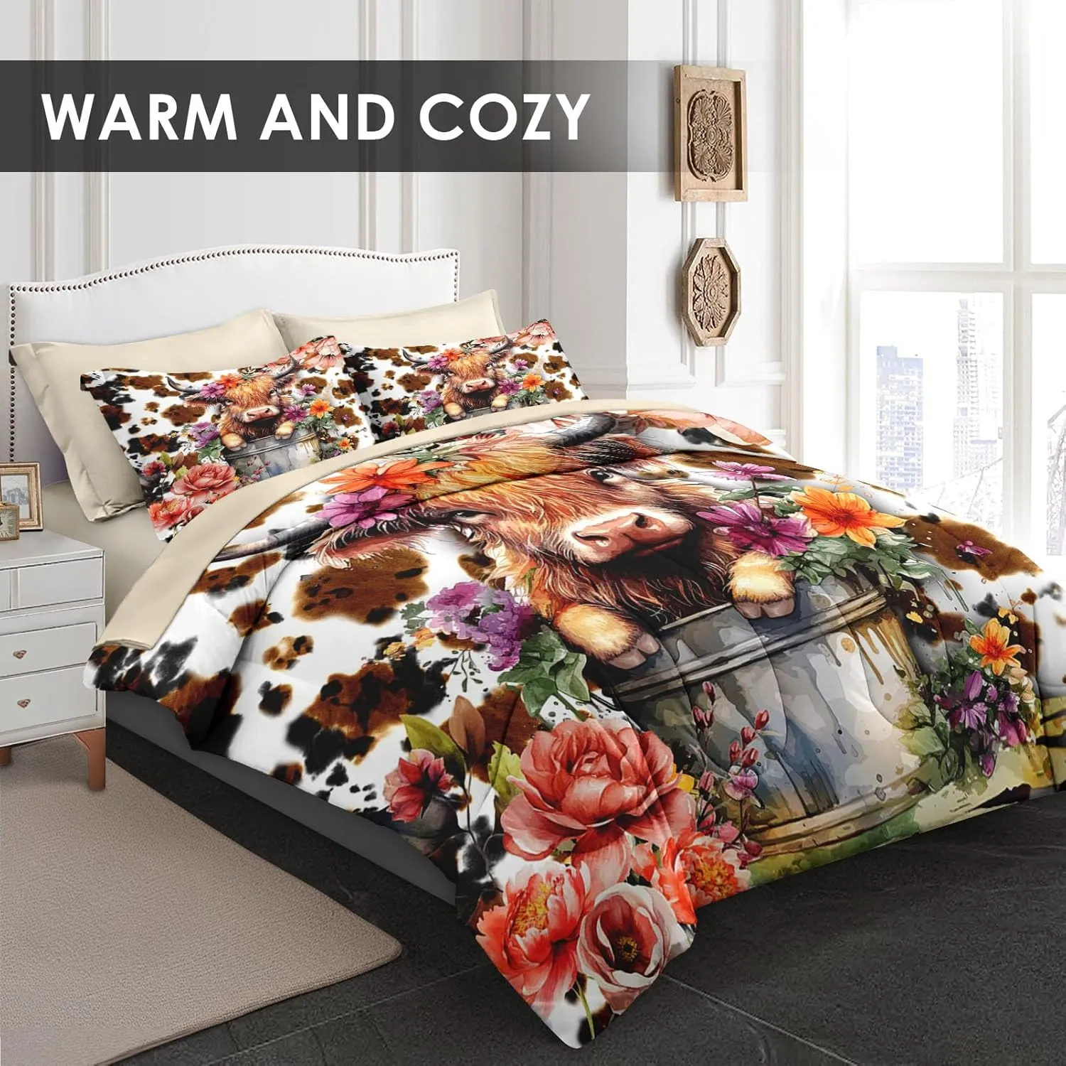 7 Pcs Queen Size Comforter Set with 2 Pillowcases & 2 Shams, Cute Happy Highland Bull Bedding for Kids and Adults, Flower Cow Cattle Print Bed in a Bag with Flat Fitted Sheet