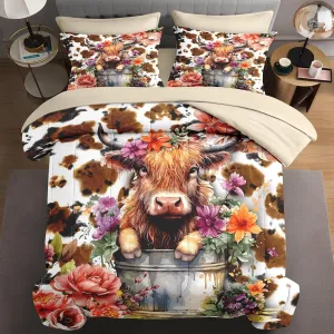 7 Pcs Queen Size Comforter Set with 2 Pillowcases & 2 Shams, Cute Happy Highland Bull Bedding for Kids and Adults, Flower Cow Cattle Print Bed in a Bag with Flat Fitted Sheet