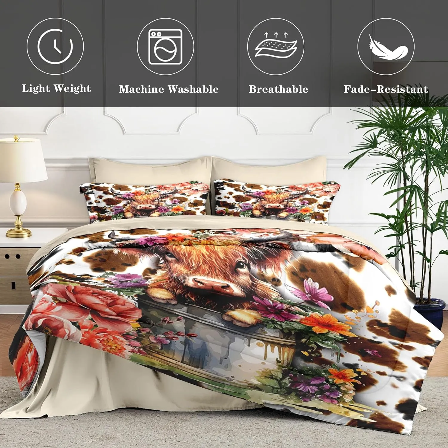 7 Pcs Queen Size Comforter Set with 2 Pillowcases & 2 Shams, Cute Happy Highland Bull Bedding for Kids and Adults, Flower Cow Cattle Print Bed in a Bag with Flat Fitted Sheet